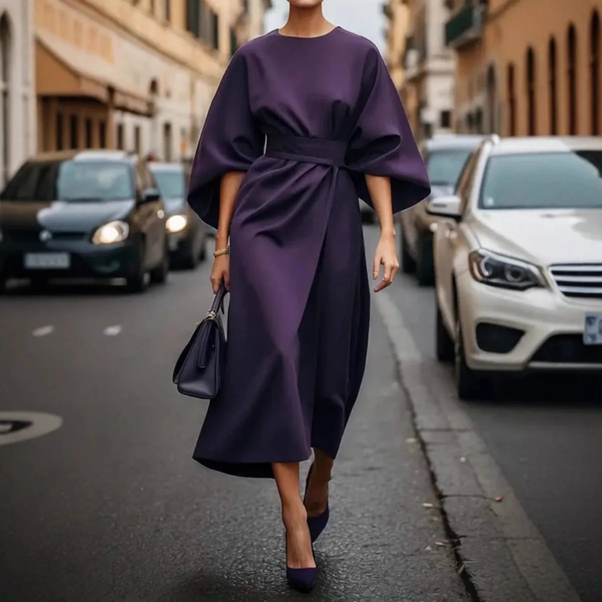 Women Elegant Batwing Sleeve Maxi Dresses Solid Party Evening Office Lady Long Dress High Waist Casual O Neck Pleated Vestidos