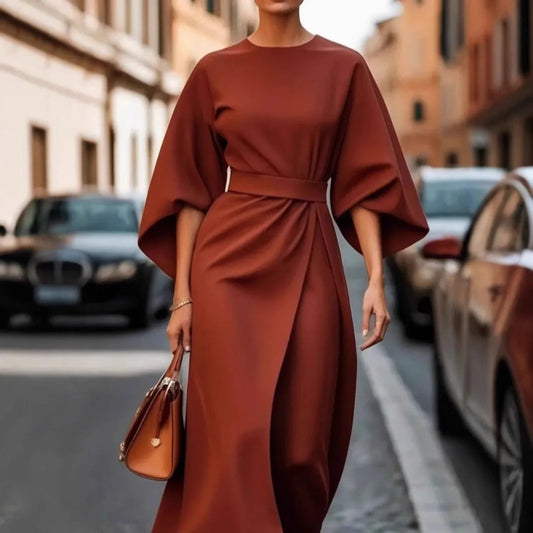 Women Elegant Batwing Sleeve Maxi Dresses Solid Party Evening Office Lady Long Dress High Waist Casual O Neck Pleated Vestidos