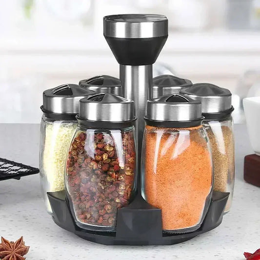 NEW Spice Jar Set Rack Glass Organizer Rotating Glass Seasoning Sugar Pepper Bottles Salt Shakers Holder Kitchen Storage Rack