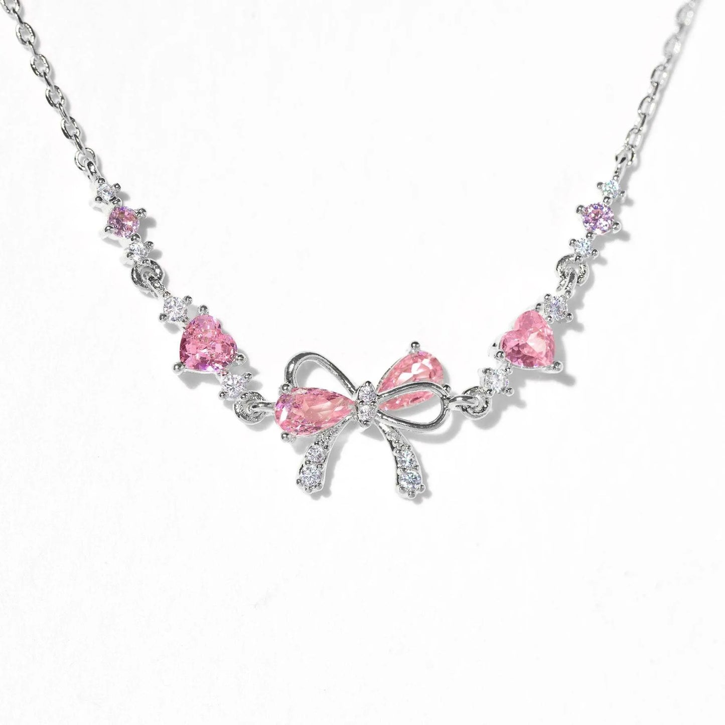 Y2K Exquisite Sweet Pink Zircon Bowknot Stainless Steel Love Heart Chain Bracelet for Women Girls Party Birthday Jewelry Gifts