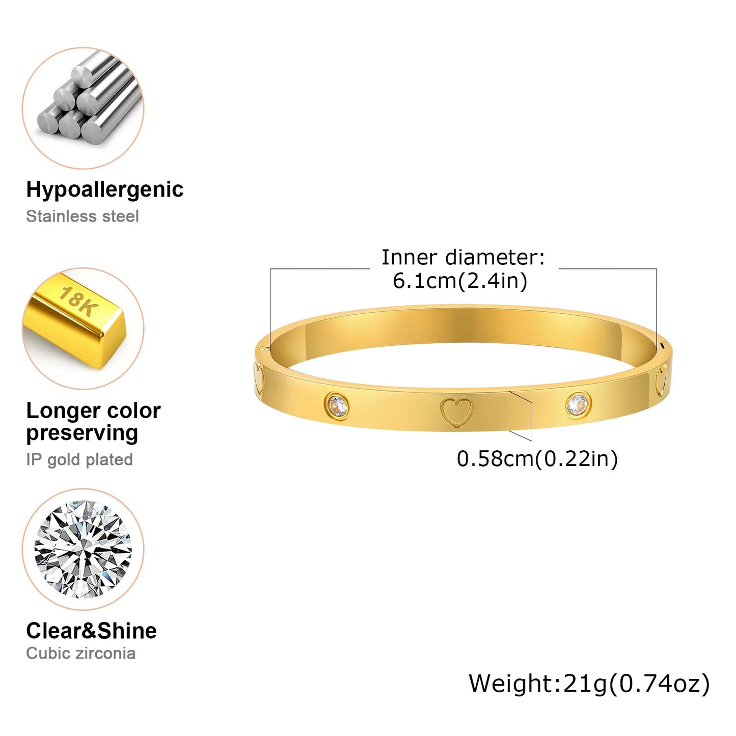 Vnox High-End Stainless Steel Women Bangles, Luxury Solid Gold Plated Love Cuff Bracelets,US Europ Hot Fashion Daily Ins Jewelry