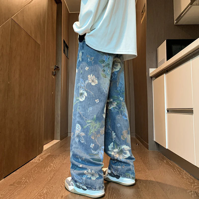 American High Street Floral Printed Jeans For Men 2024 New Y2K Vintage Denim Trousers Hip Hop Fashion Wide-leg Baggy Jean Pants