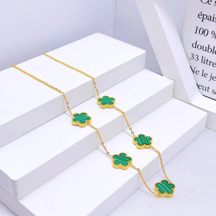 14K Gold Plated Cinquefoil Link Bracelet White Black Red Green Lucky Bracelet Necklace Earrings Jewellery Gifts Fashion Women