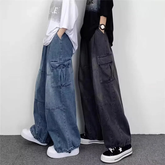 Men Denim Jeans Wide Leg Pants Cargo Long Pant Splice High Waist Loose Casual Button Pocket Straight Trousers Autumn Winter