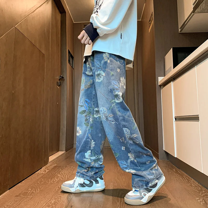 American High Street Floral Printed Jeans For Men 2024 New Y2K Vintage Denim Trousers Hip Hop Fashion Wide-leg Baggy Jean Pants