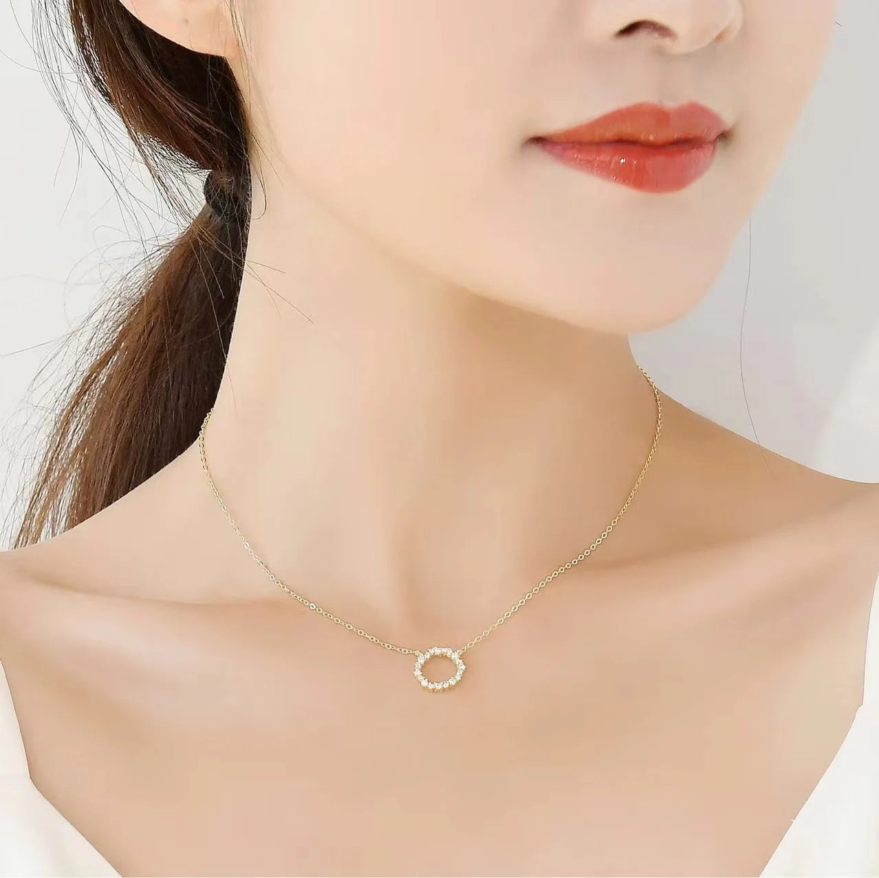 Hot Sale 925 Sterling Silver Plated 18K Gold Necklace with Full Diamond Circle Alternative style  K Gold Collar Chain