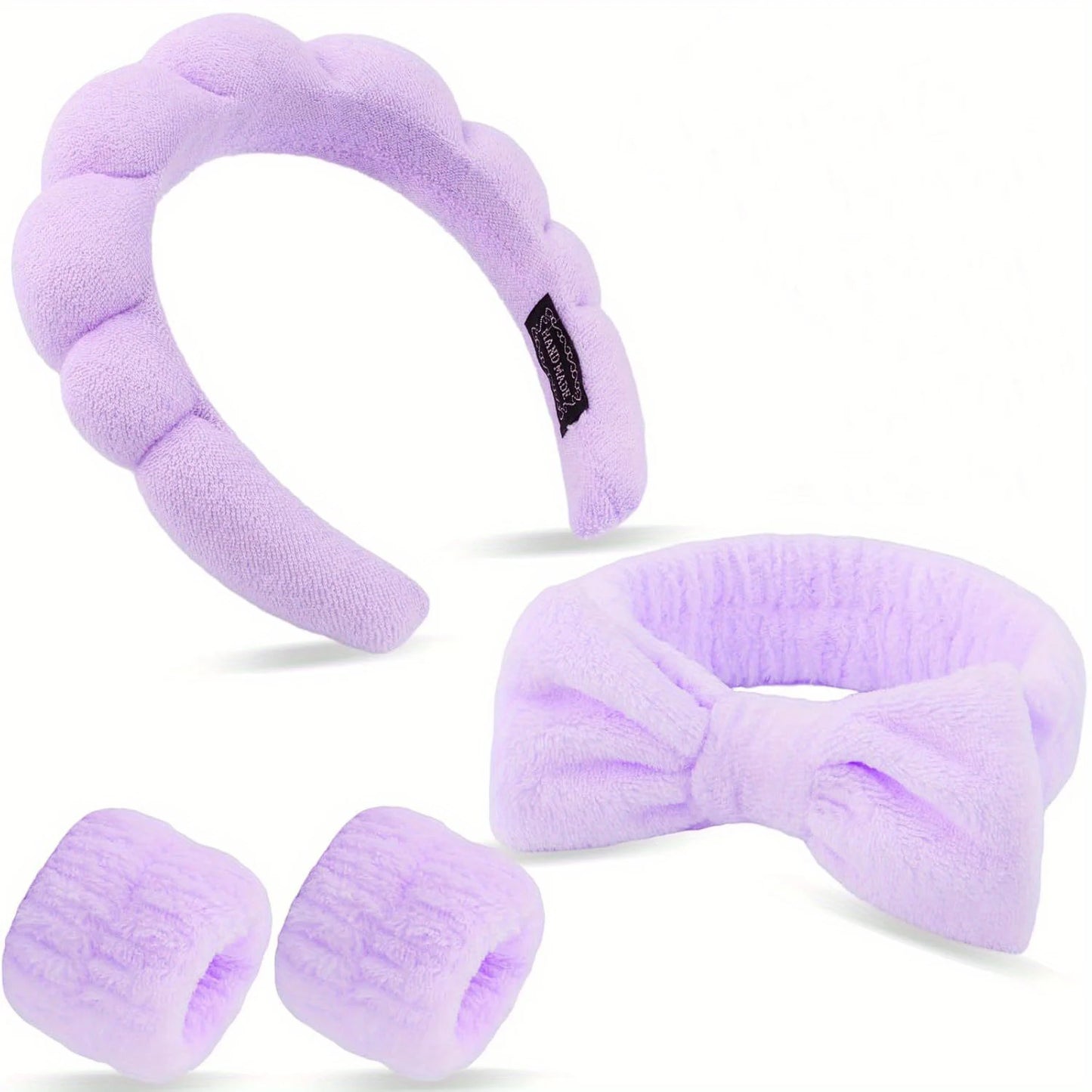 4-piece spa headband and wristband set, knitted design, suitable for face washing, makeup, showering and skin care