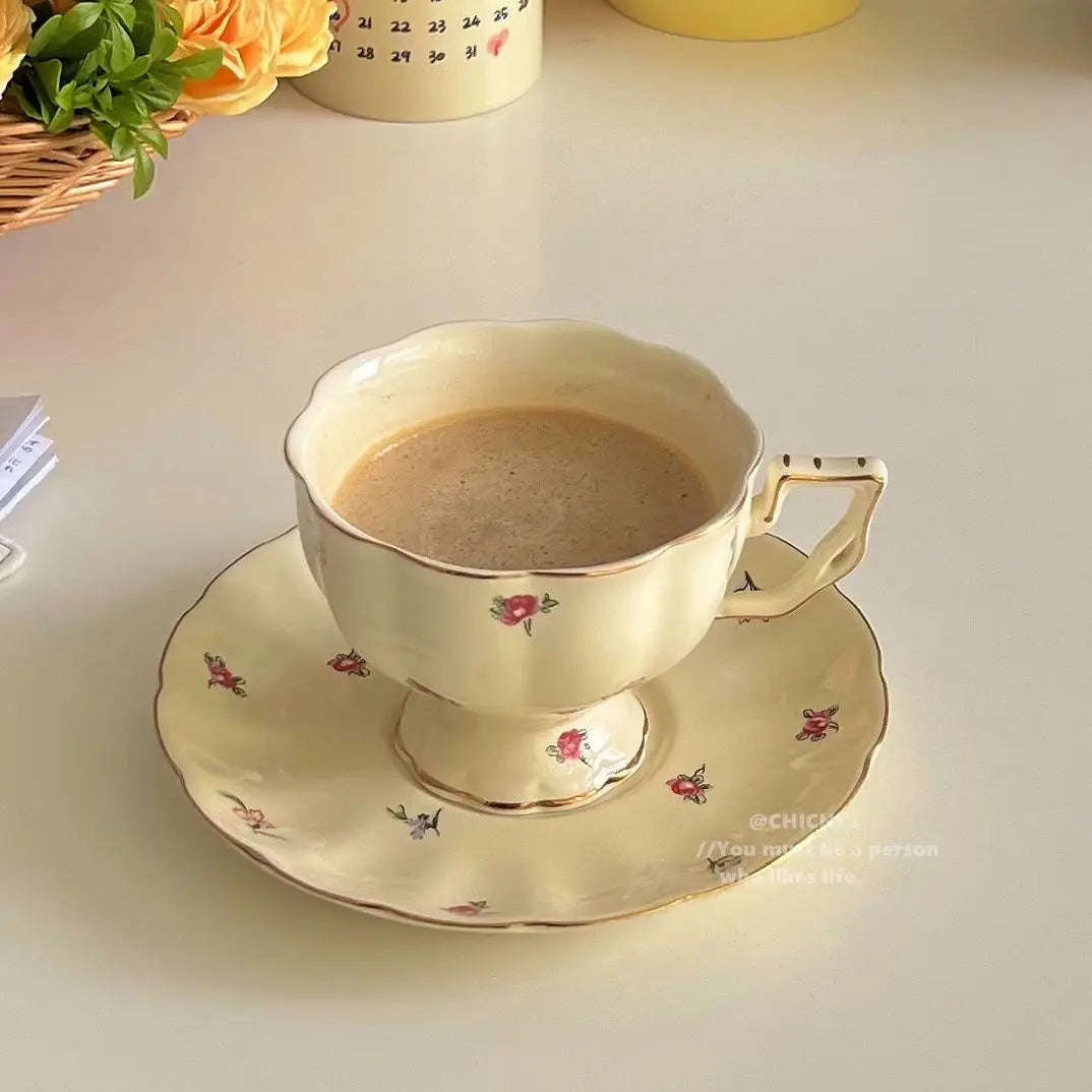 Ceramic Tea Cups Plate Set  Exquisite Afternoon Tea Coffee Cup Cream Color High Beauty Household Mug Birthday Gift 250ml