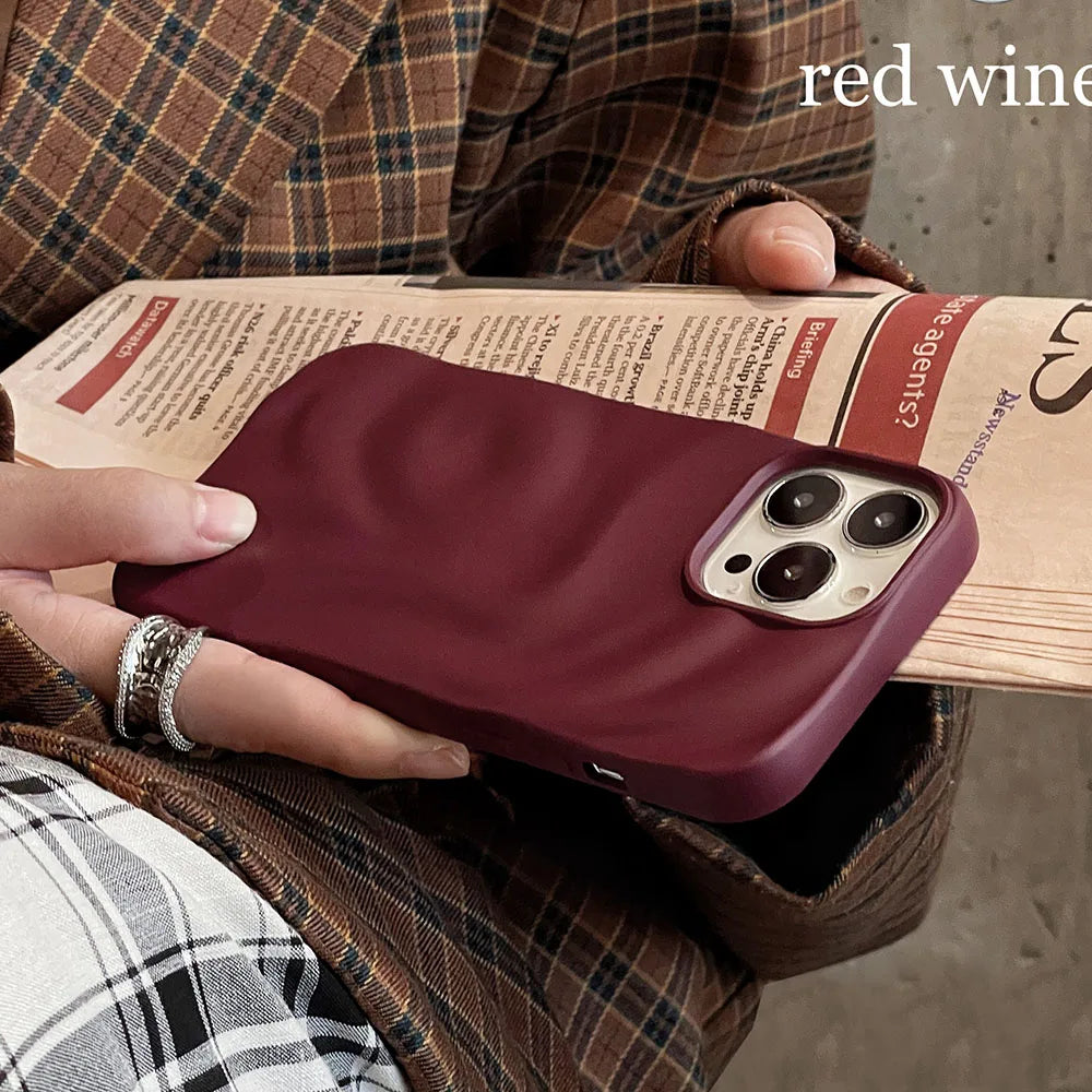 Ins Winter Wine Red 3D Pleats Wrinkle Phone Case for iPhone 12 13 14 15 16 Pro Max Soft Matte Cases for iPhone 11 Back Cover