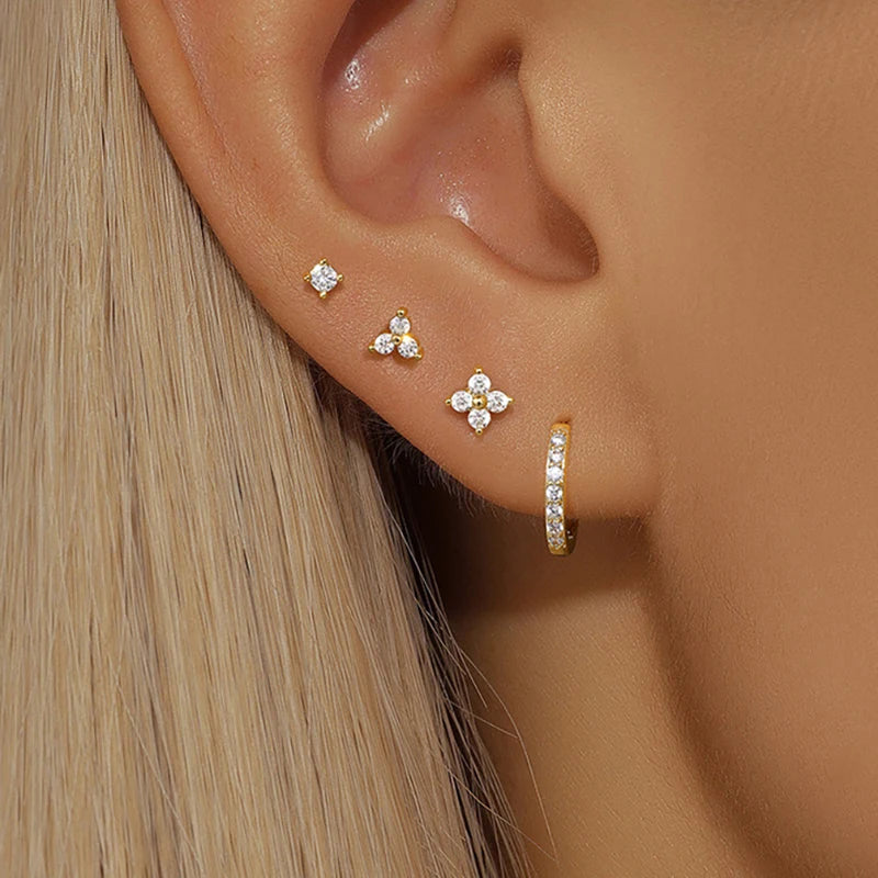 4PCS 18K Gold Plated Flower Round Piercing Earrings Set For Women Stainless Steel Zircon Punk Stud Earring Trendy Jewelry aretes