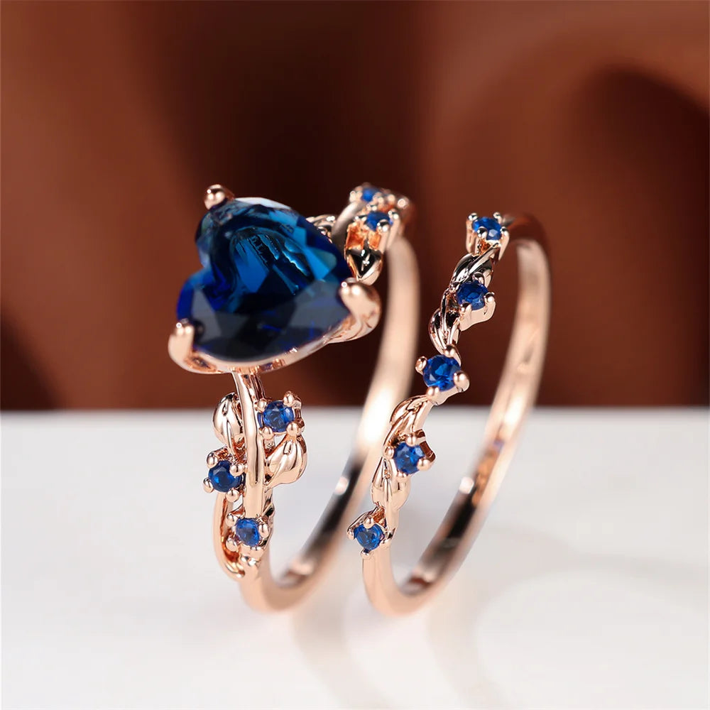 Royal Blue Green Black Red Stone Heart Ring Sets For Women Rose Gold Color White Zircon Bridal Wedding Bands Mothers Day Jewelry