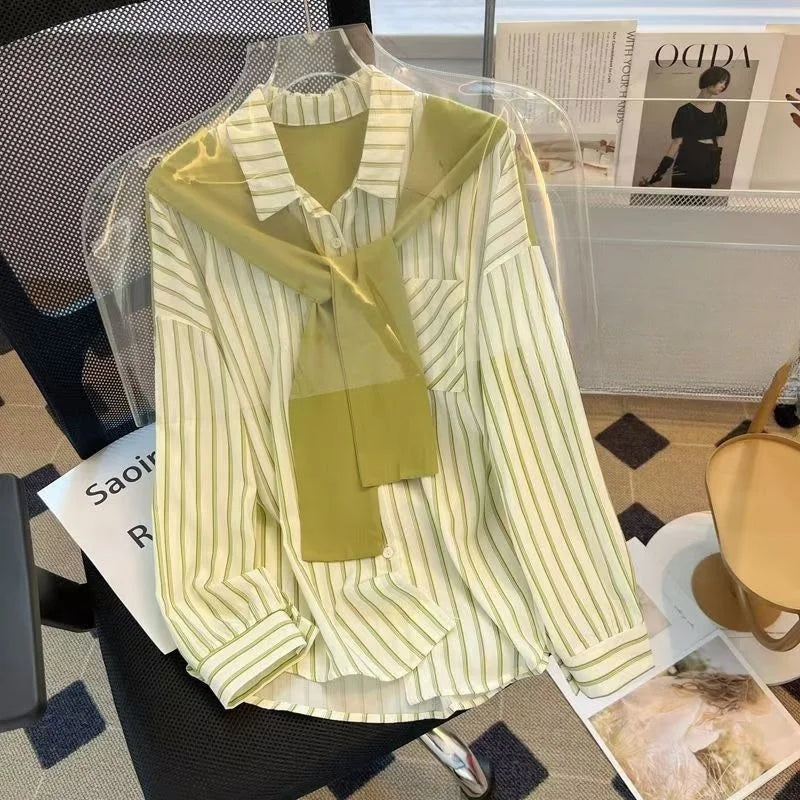 New In Spring Sweet Women's Shirt Stripe Fake 2 Pieces Long Sleeve Top Korean Chic Matching Shirts & Blouses Trend Elegant Top