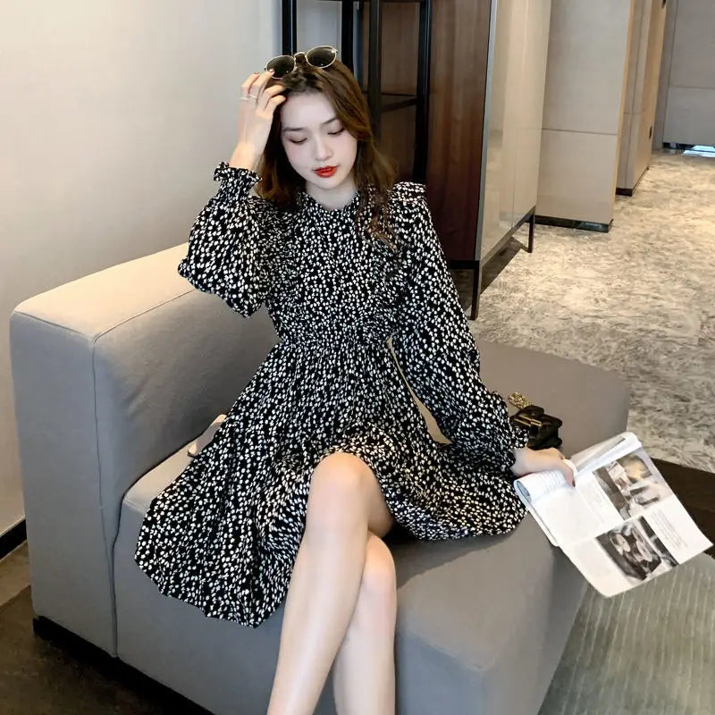 Spring Autumn New French Retro Waist-hugging Slim and Versatile A-line Skirt for Women Long-sleeved Temperament Floral Dress