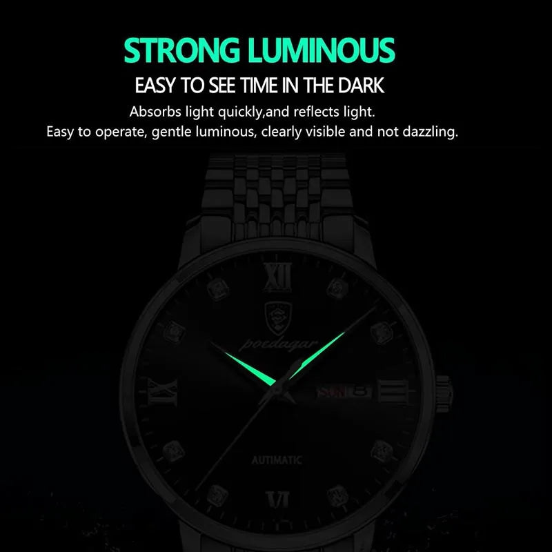 POEDAGAR Stainless Steel Men Quartz Wristwatch Waterproof Luxury Brand Fashion Sport Luminous Mens Watches Calendar Gifts Clocks