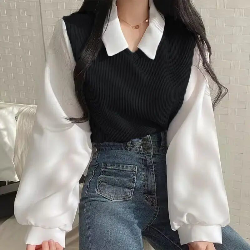 Summer Blouse Women Korean Style False Two-piece Polo Collar Blouses Y2k Tops Streetwear Loose Youth Pullovers Elegant Shirt