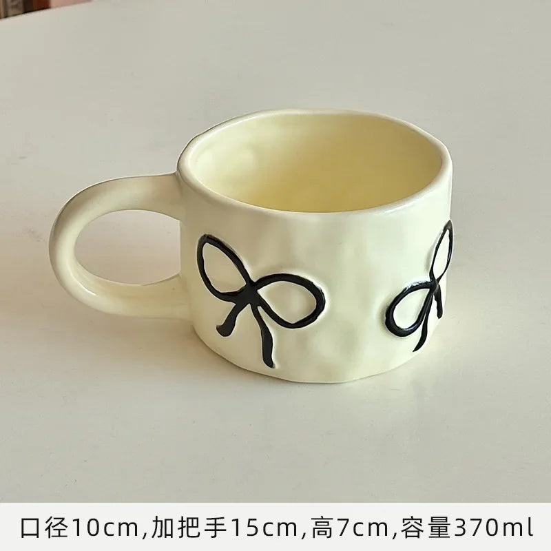 Cream Colored Relief Bow Ceramic Mug, French Simplicity High-value Breakfast Cup, Household Coffee Cup, Birthday Gift