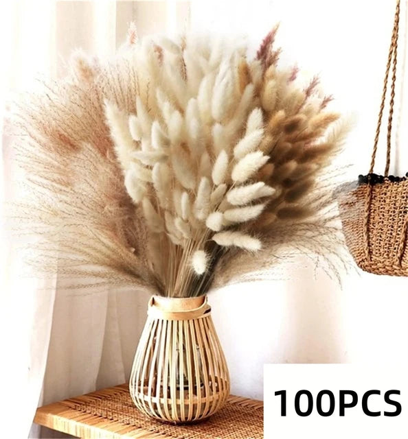 Natural Pampas Dried Flowers Bouquet for Boho Home Vase Decor Bunny Rabbit Tails Grass Artifical Flower Wedding Party Decoration