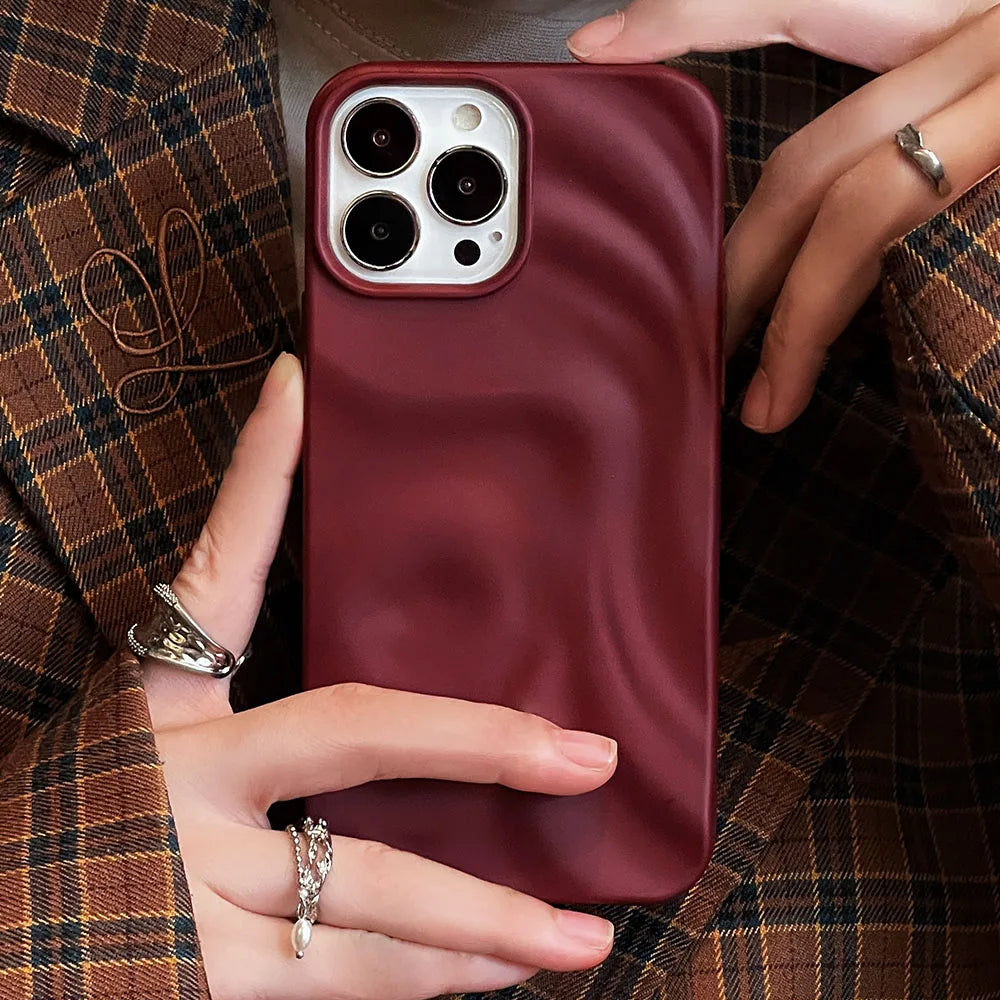 Ins Winter Wine Red 3D Pleats Wrinkle Phone Case for iPhone 12 13 14 15 16 Pro Max Soft Matte Cases for iPhone 11 Back Cover