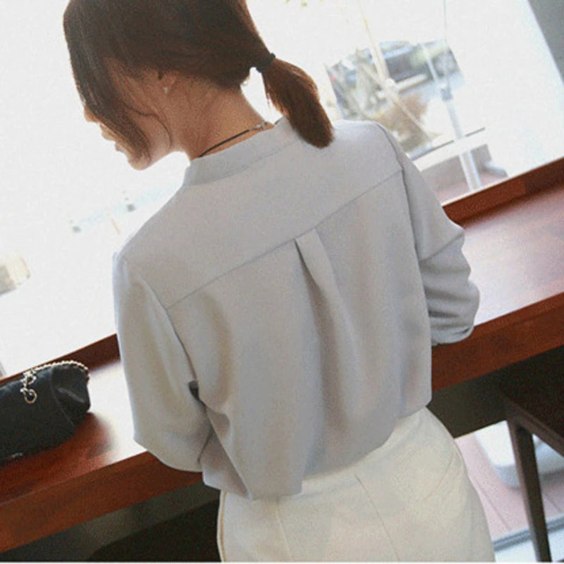 New Fashion Long Sleeve V Neck Chiffon Women's Shirts Spring Summer White Women Blouse Office Lady Clothes Korean Tops  9382