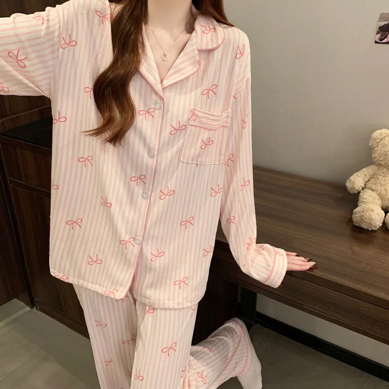 New Women's Spring and Fall Pajamas Homewear Set Wrinkled Cloth Sweet Girl Students Long-Sleeved Casual Pajamas Homewear Set