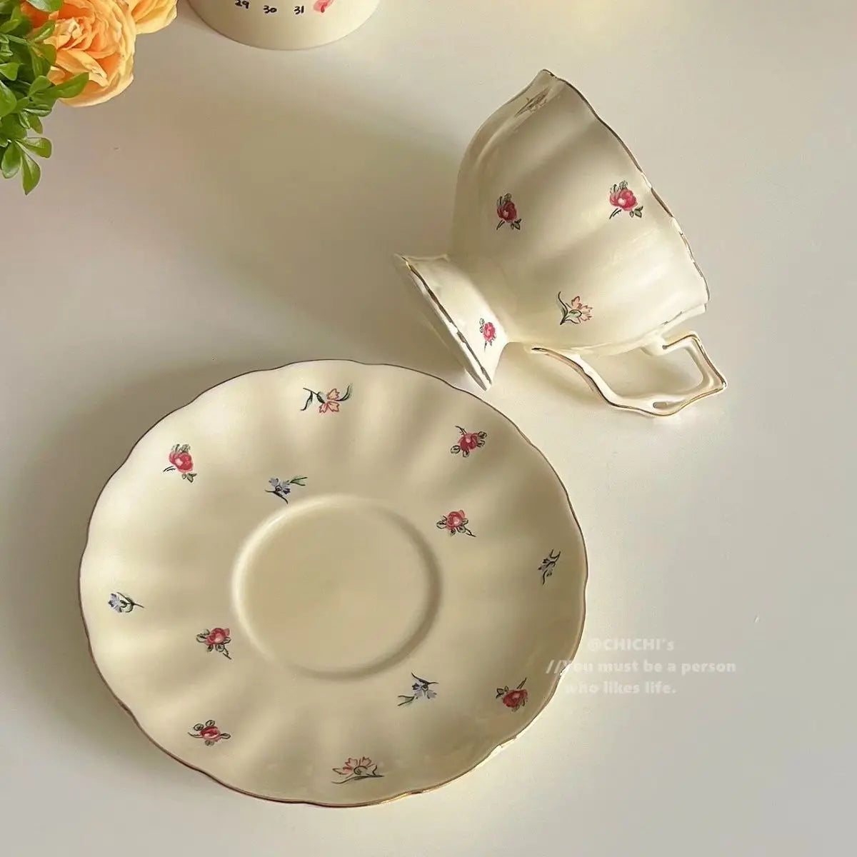 Ceramic Tea Cups Plate Set  Exquisite Afternoon Tea Coffee Cup Cream Color High Beauty Household Mug Birthday Gift 250ml