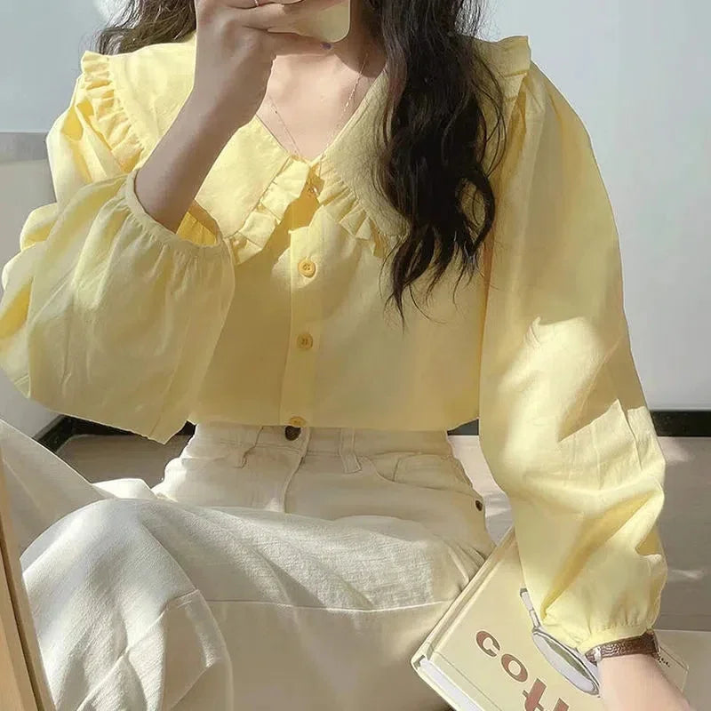 Sweet Peter Pan Collar Shirt Women Vintage Long Sleeve Blouse Female Preppy Style Yellow Blue Loose  Buttons Youth Tops 2023 Y2k