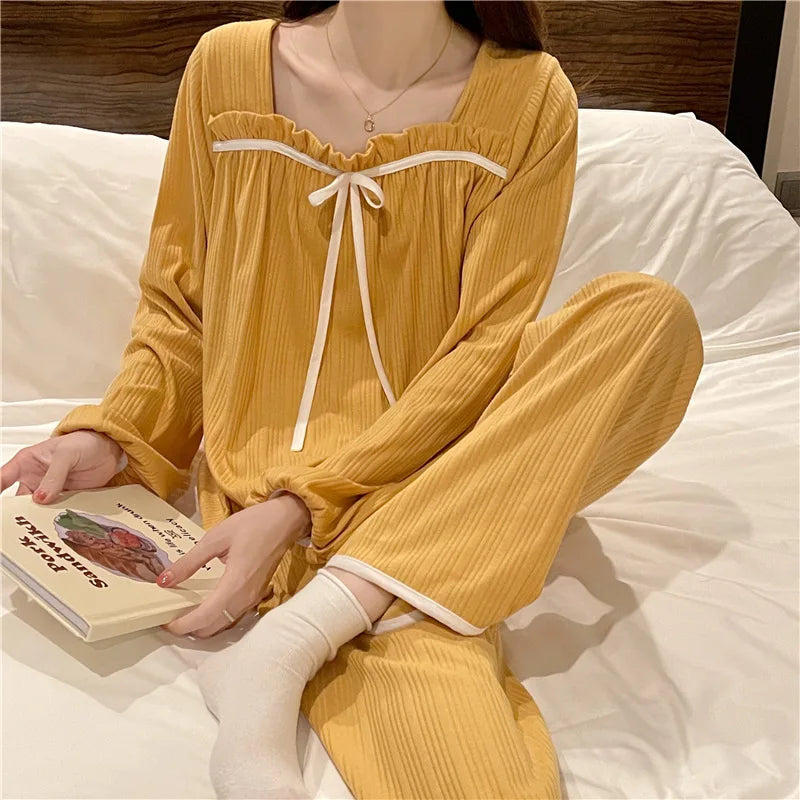 Women's Spring and Autumn Pajamas Set Women's Long-Sleeved Long Trousers Pajamas Homewear Sweet Leisure Homewear Loose Set