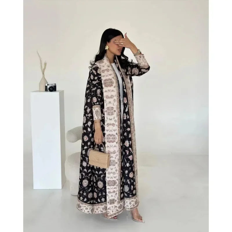 KAF Women Fashion Abaya Vintage Printed Cardigan Design Loose Large Size Elegant Female Luxury Robe Spring Autumn Model