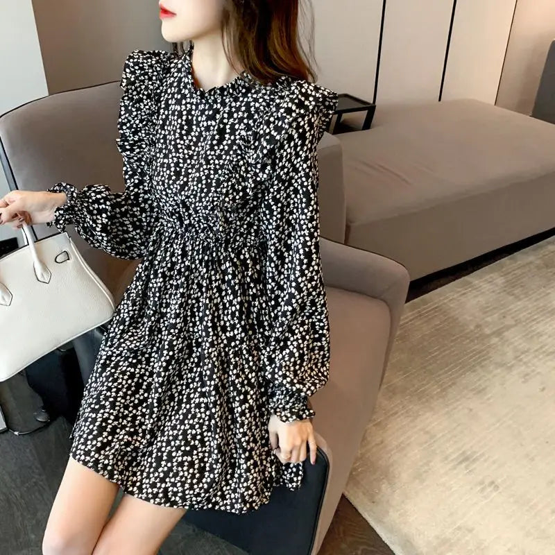 Spring Autumn New French Retro Waist-hugging Slim and Versatile A-line Skirt for Women Long-sleeved Temperament Floral Dress