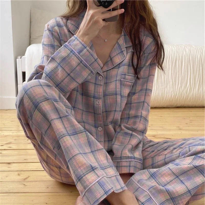 Spring and Autumn New Women's Pajamas Homewear Set Student Girls Simple Leisure Girls Can Go out Pajamas Cardigan Homewear Set