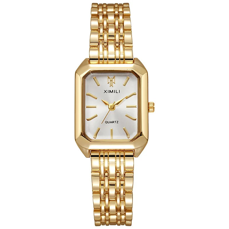 Women Watches Business Luxury Ladies Fashion Quartz Watch Simple Scale Square Quality Gold Plated Stainless Steel Folding Clock