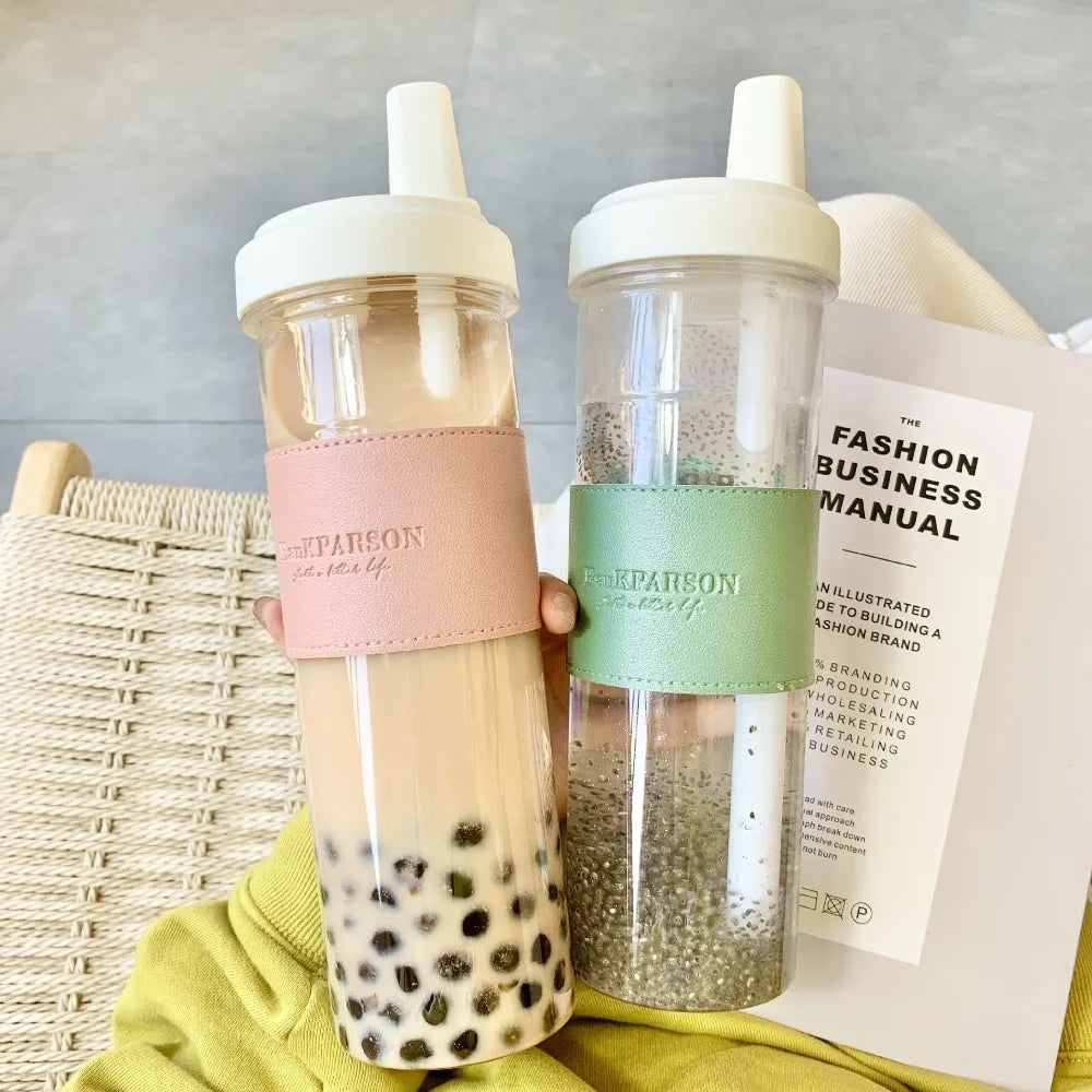 850ML Cute Pearl Milk Tea Straw Plastic Water Bottle with Cup Cover Women Large Capacity Juice Boba Milk Cup Drop-proof