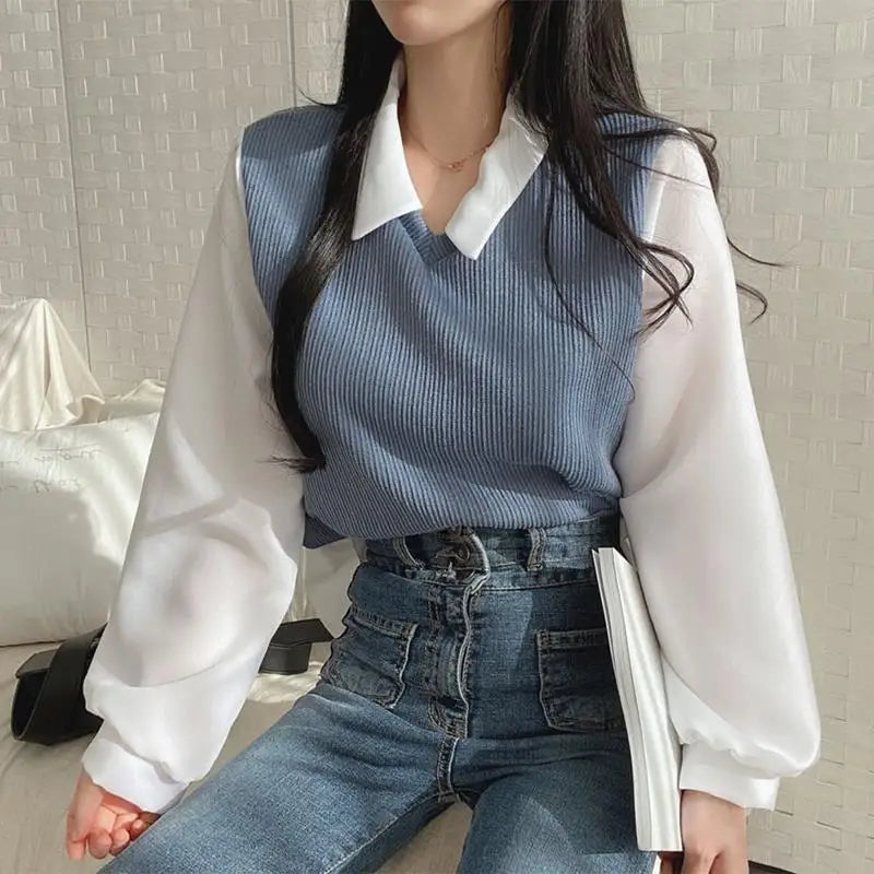 Summer Blouse Women Korean Style False Two-piece Polo Collar Blouses Y2k Tops Streetwear Loose Youth Pullovers Elegant Shirt