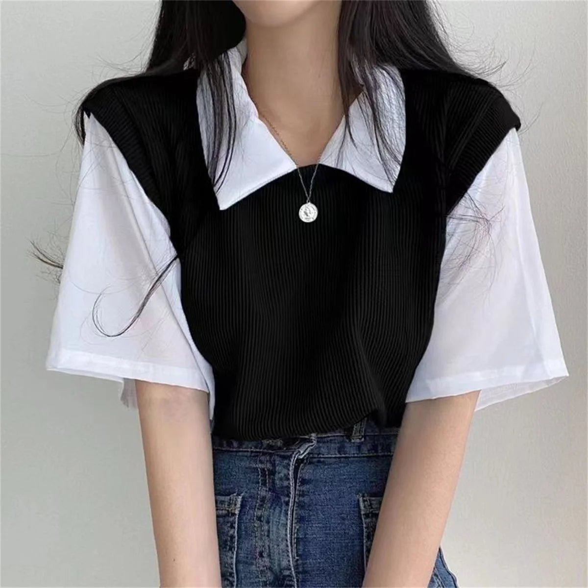 Summer Blouse Women Korean Style False Two-piece Polo Collar Blouses Y2k Tops Streetwear Loose Youth Pullovers Elegant Shirt