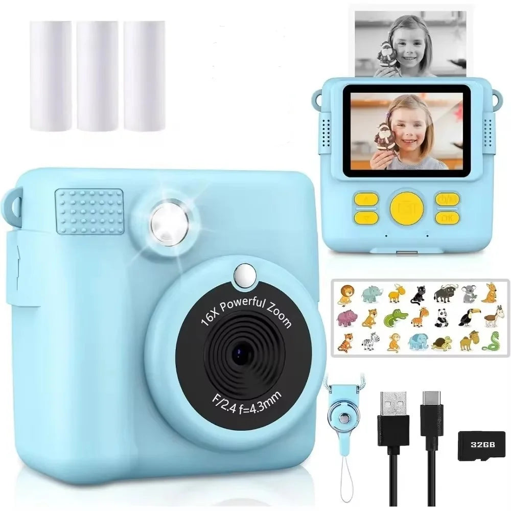 Instant Print Camera for Kids,1080P HD Digital Video Cameras for Toddler，Christmas Birthday Gifts for Age 3-12 Girls Boys，