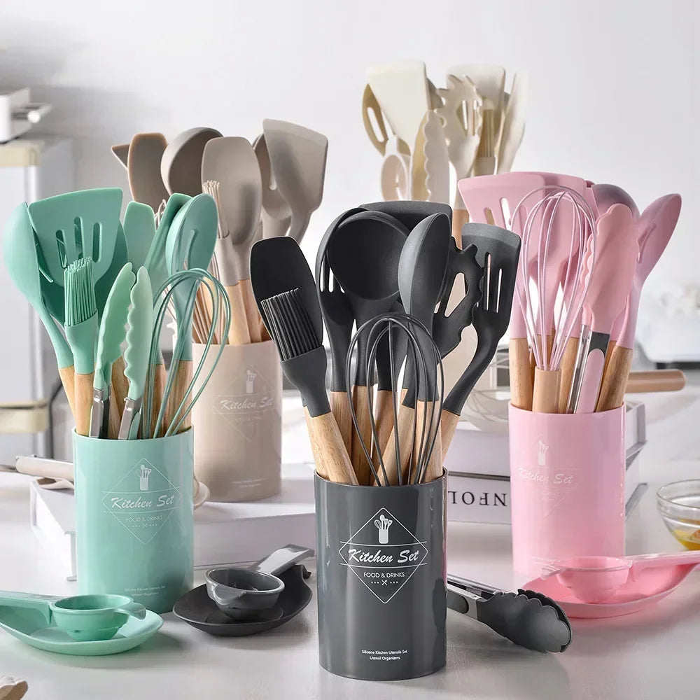 12PCs Kitchen Gift Set - Silicone Spatula Turner & 6 Measuring Spoons, FDA Approved Non-Toxic Cooking Utensils for Baking