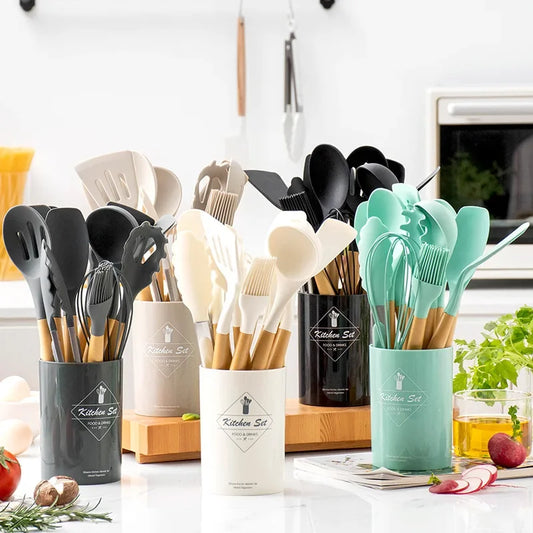 12PCs Kitchen Gift Set - Silicone Spatula Turner & 6 Measuring Spoons, FDA Approved Non-Toxic Cooking Utensils for Baking