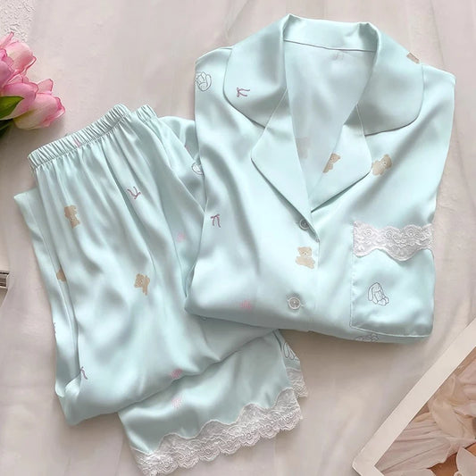 Korean Cartoon Little Bear Sweet Women's 2pc Pajamas Kawaii Cute Simple Y2k Lace Sleepwear 2024 New Autumn Short Sleeve+pant Set