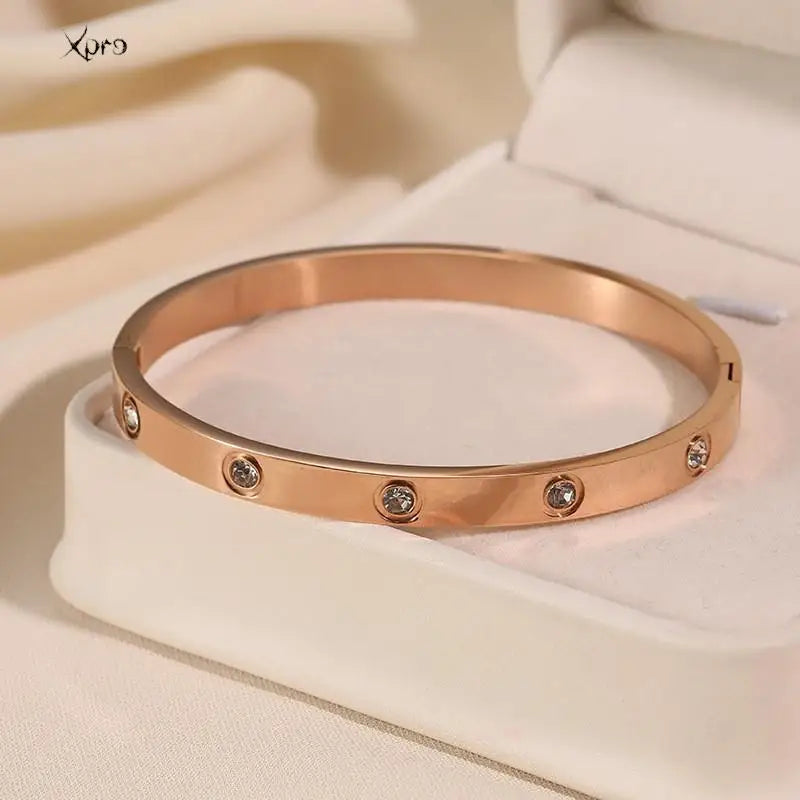 Xpro Stainless Steel Bracelets Woman Bangle Bangles for Woman Golden Love Crystal Wedding Feminina Luxury Jewellery Gifts