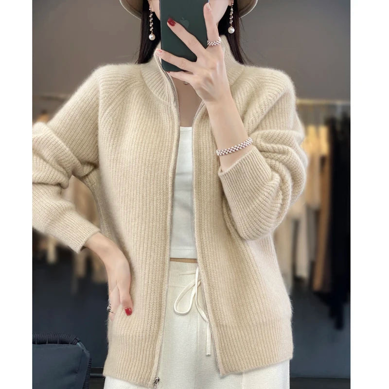 100% Pure Wool Zipper Cardigan Padded Shoulder Stand Collar Women's Cashmere Knitted Coat New Lapel Sweater