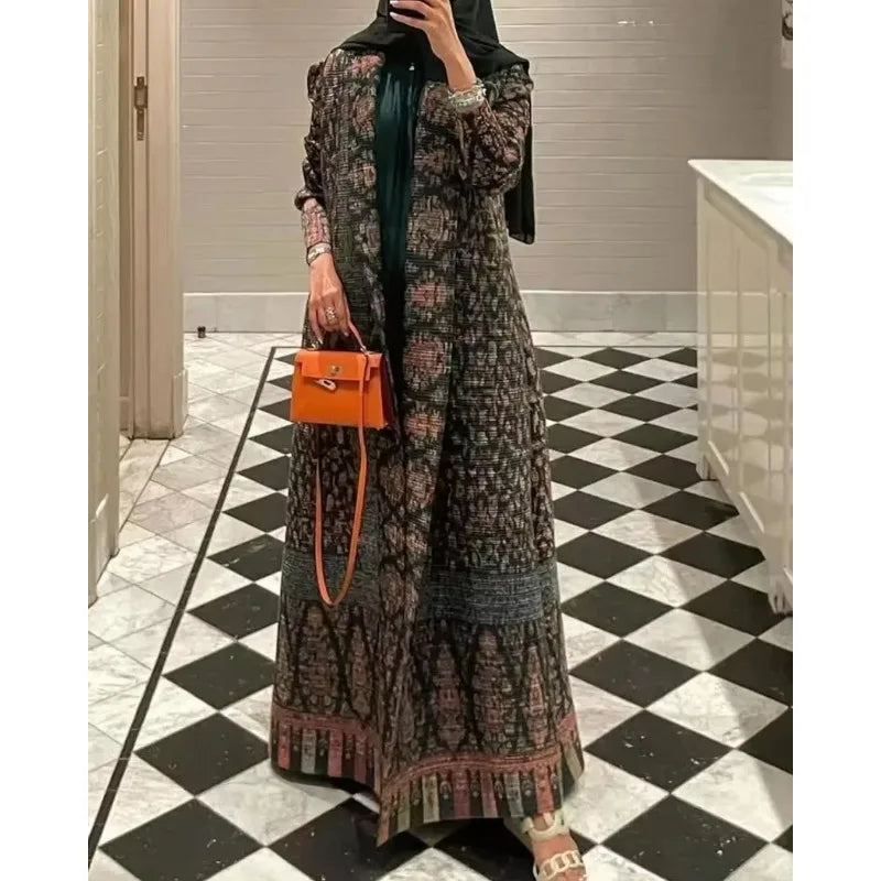 KAF Women Fashion Abaya Vintage Printed Cardigan Design Loose Large Size Elegant Female Luxury Robe Spring Autumn Model