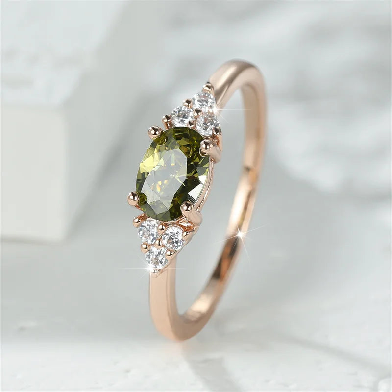 Simple Small Olive Green Stone Ring Rose Gold Color Oval Zircon Minimalist Stacking Thin Rings For Women Party Wedding Bands