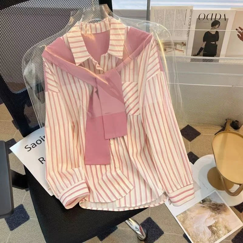 New In Spring Sweet Women's Shirt Stripe Fake 2 Pieces Long Sleeve Top Korean Chic Matching Shirts & Blouses Trend Elegant Top