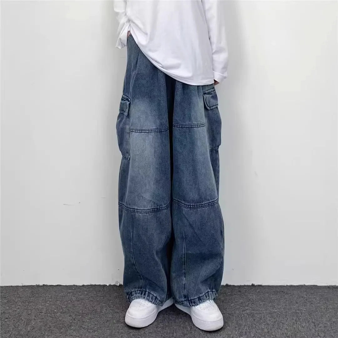 Men Denim Jeans Wide Leg Pants Cargo Long Pant Splice High Waist Loose Casual Button Pocket Straight Trousers Autumn Winter