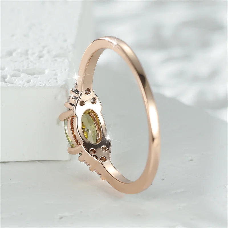 Simple Small Olive Green Stone Ring Rose Gold Color Oval Zircon Minimalist Stacking Thin Rings For Women Party Wedding Bands