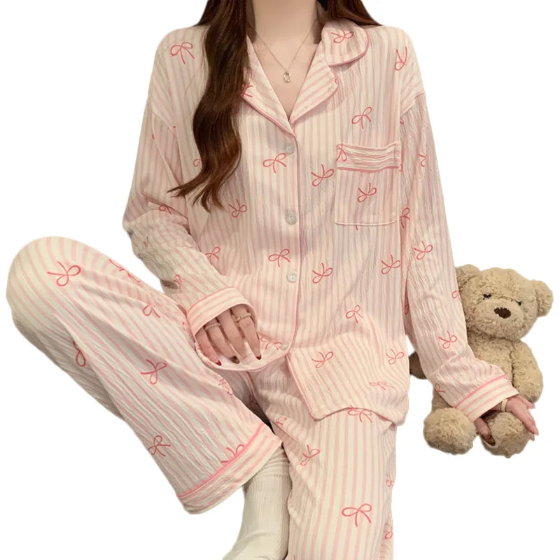 New Women's Spring and Fall Pajamas Homewear Set Wrinkled Cloth Sweet Girl Students Long-Sleeved Casual Pajamas Homewear Set