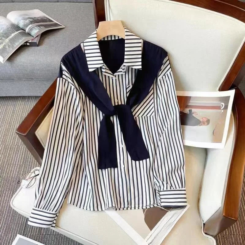 New In Spring Sweet Women's Shirt Stripe Fake 2 Pieces Long Sleeve Top Korean Chic Matching Shirts & Blouses Trend Elegant Top