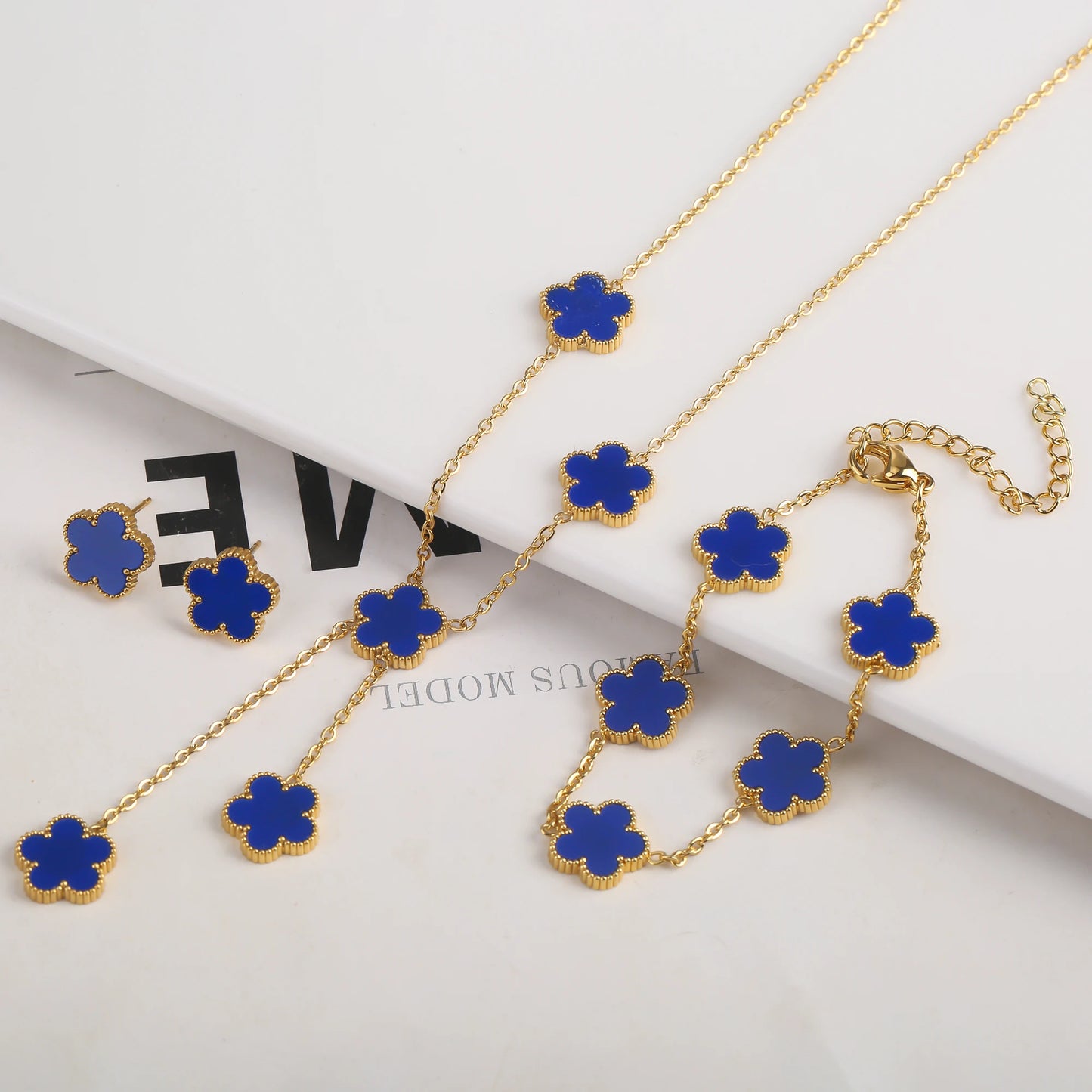 Gold Plated Stainless Steel Set Plum Blossom Plant Five Leaf Flower Bracelet Necklace Earrings Women's Luxury Gift Clover