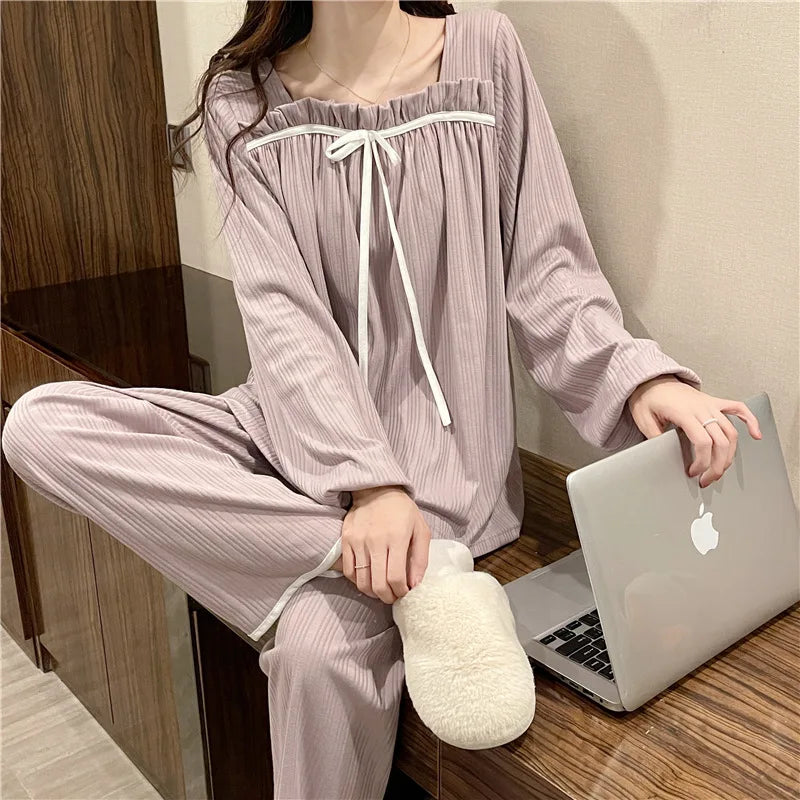 Women's Spring and Autumn Pajamas Set Women's Long-Sleeved Long Trousers Pajamas Homewear Sweet Leisure Homewear Loose Set