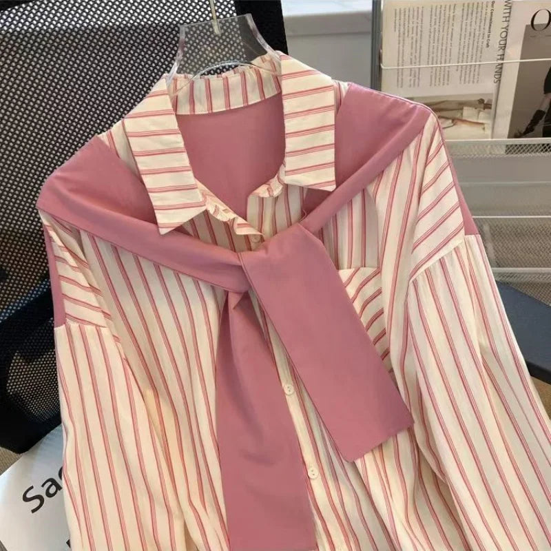 New In Spring Sweet Women's Shirt Stripe Fake 2 Pieces Long Sleeve Top Korean Chic Matching Shirts & Blouses Trend Elegant Top